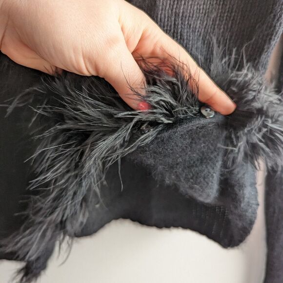 Vintage Betsey Johnson black angora rabbit hair feather trim cardigan sweater - Picture 3 of 5